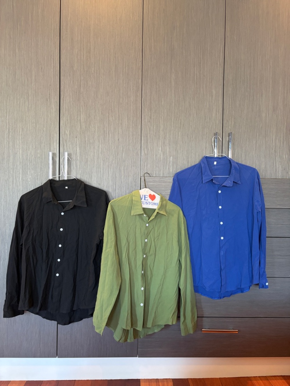 Three Long-Sleeve Button-Up Shirts — Black, Olive Green, Royal Blue